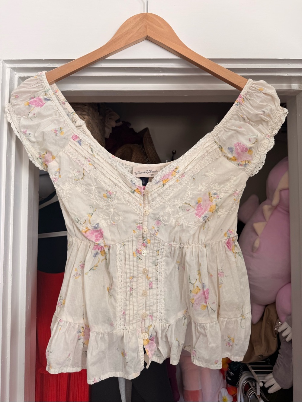 Universal Thread Cream Floral Peasant Blouse with Pink & Yellow Accents
